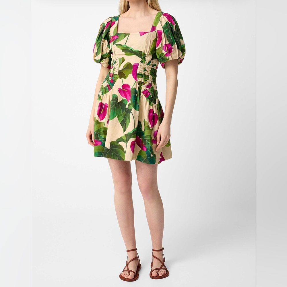 FARM Rio Pink & Green Floral Puff-Sleeve Mini Dress